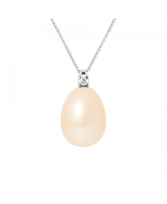 Collier  " Vénitienne" Or Blanc - Diamants 0,02 Cts  & Véritable Perle